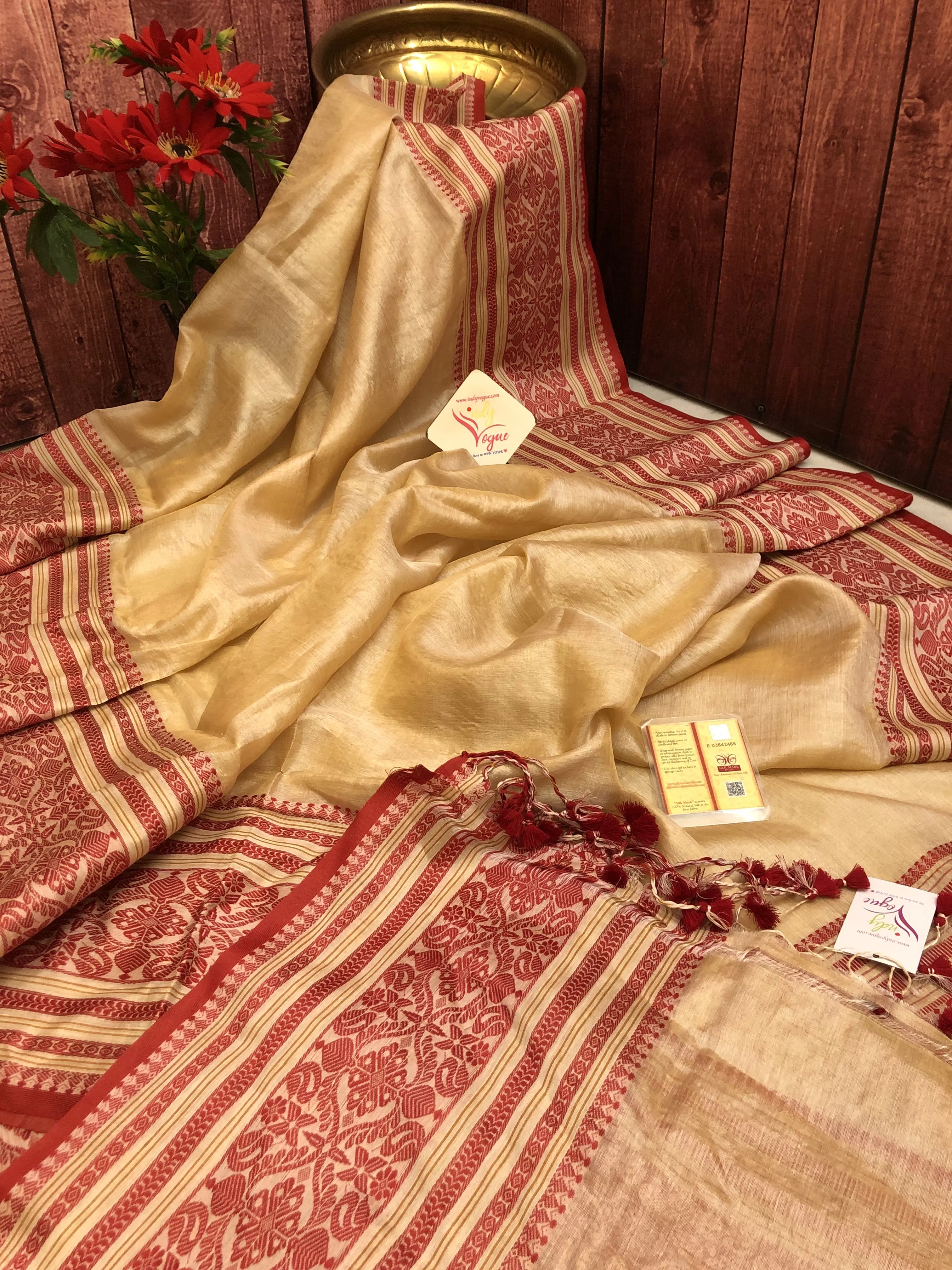 Sandalwood Color Pure Tussar Silk with Nakshi Border