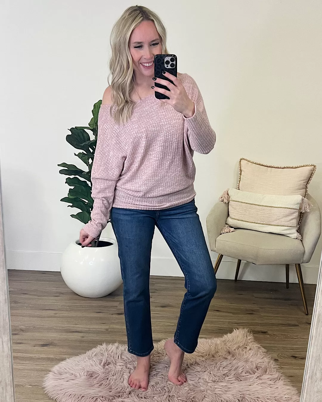 Selena Waffle Knit Dolman Top - Blush