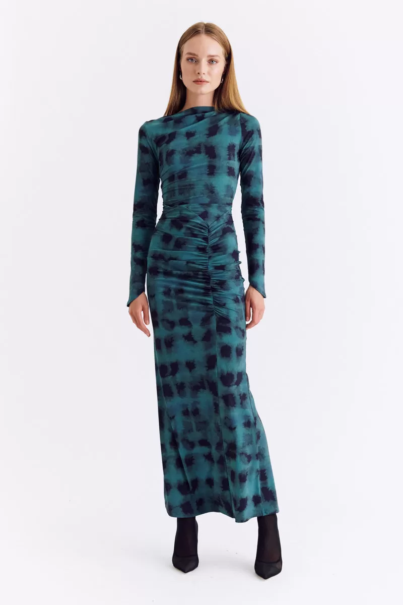 Shibori Long Sleeve Ruched Maxi Dress - Green