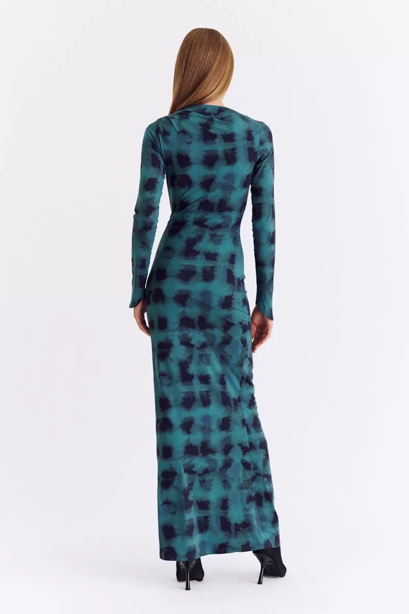 Shibori Long Sleeve Ruched Maxi Dress - Green