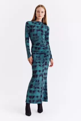 Shibori Long Sleeve Ruched Maxi Dress - Green