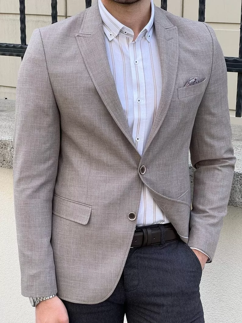 Slim Fit Knitted Textured Light Brown Men's Blazer