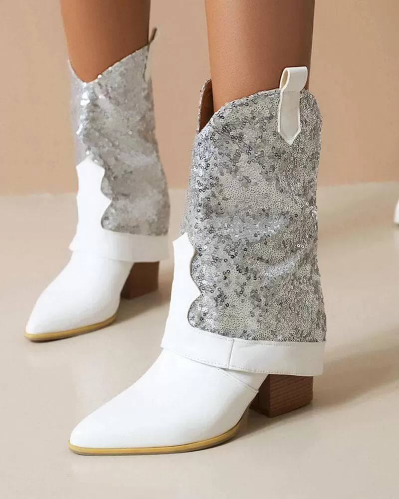 Sparkling Glitter Chunky Heel Boots