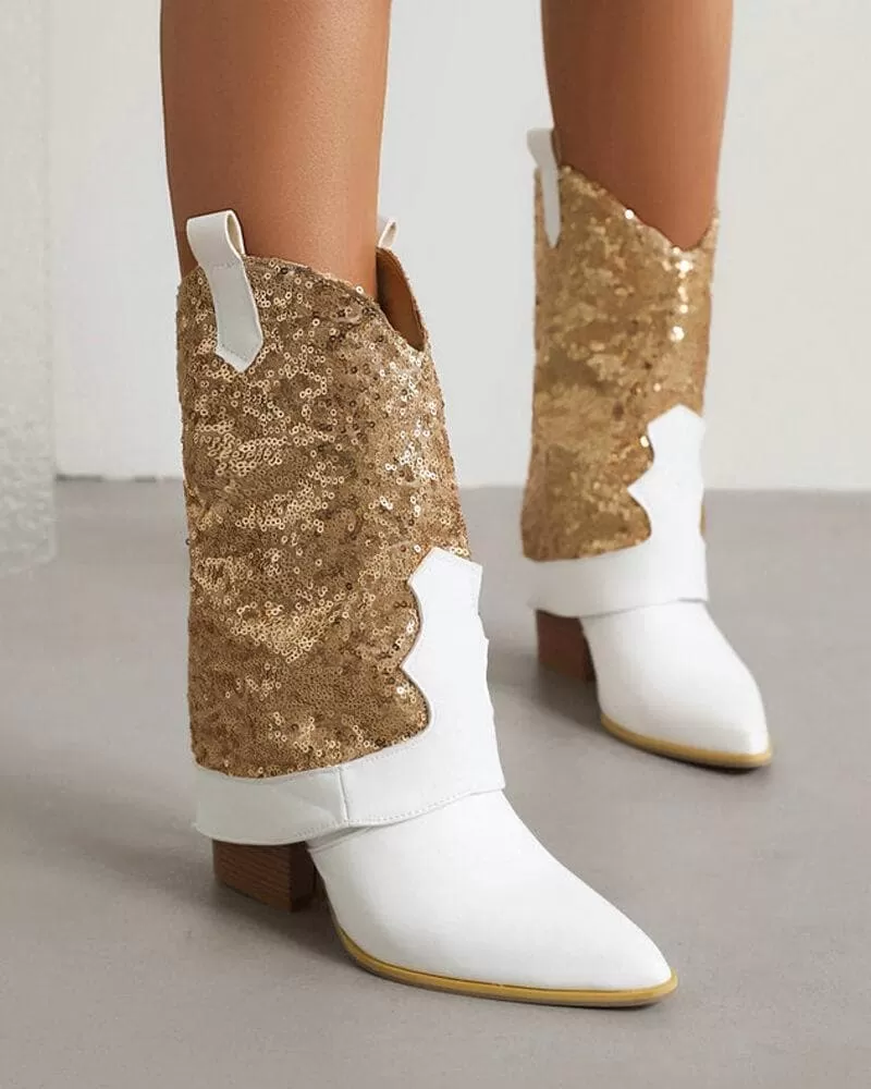 Sparkling Glitter Chunky Heel Boots