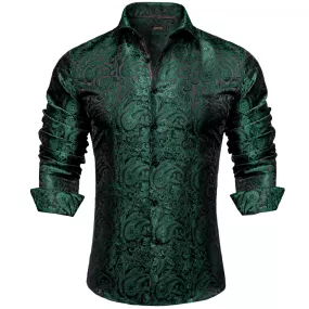 Style Long Sleeve Shirts Men's Luxury Green Paisley Social Dress Shirt Clothing