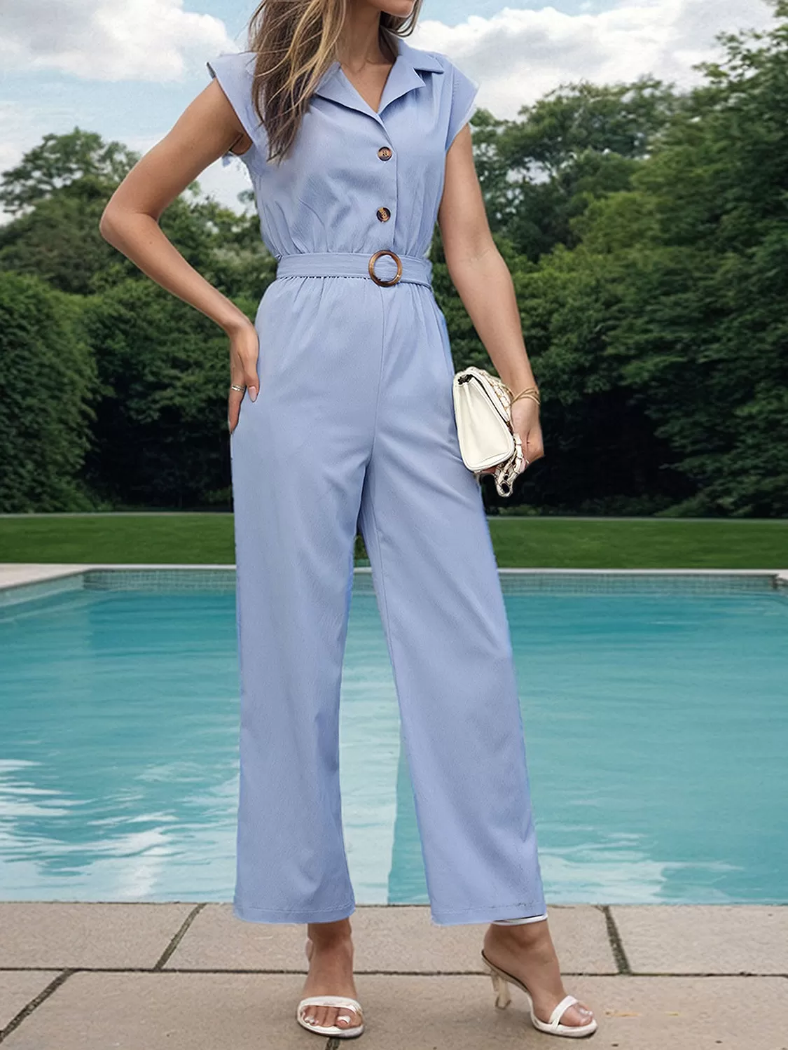 Sunset and Swim – Jumpsuit mit weitem Bein und halbhohem Kragen und Knopfleiste