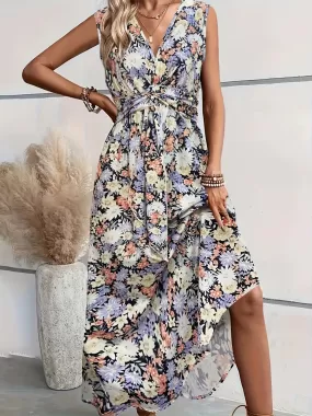 Sunset Vacation Floral Sleeveless Midi Dress