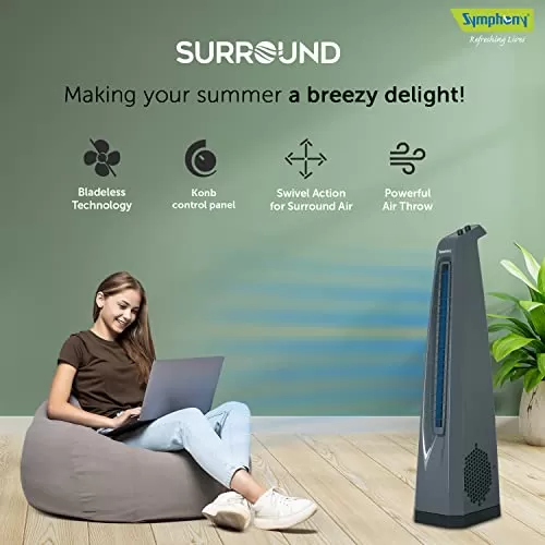 Symphony Surround High Speed Bladeless Technology Tower Fan for Home With Swivel Action, Dust Filter, and Low Power Consumption (Grey)