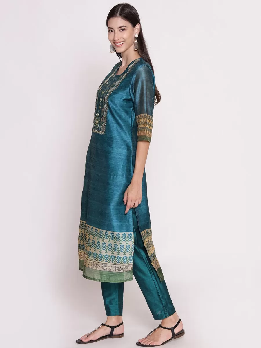 Teal Floral Printed Kurta Trouser Dupatta