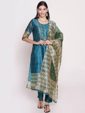 Teal Floral Printed Kurta Trouser Dupatta