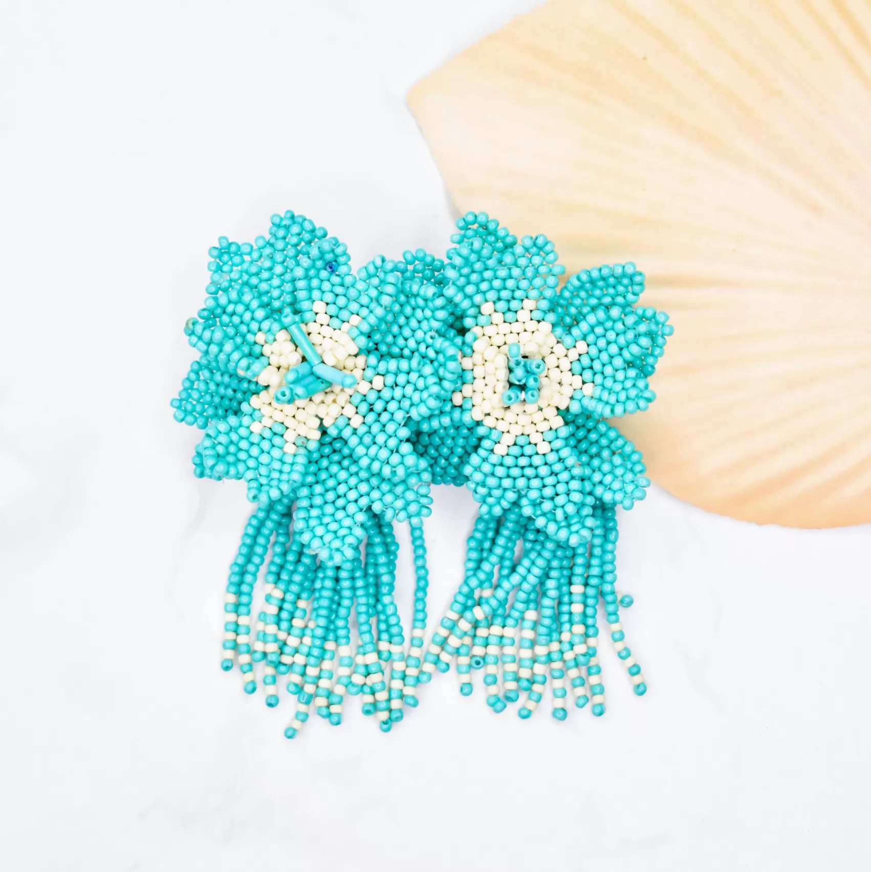 Teal Flower Fringe Earrings