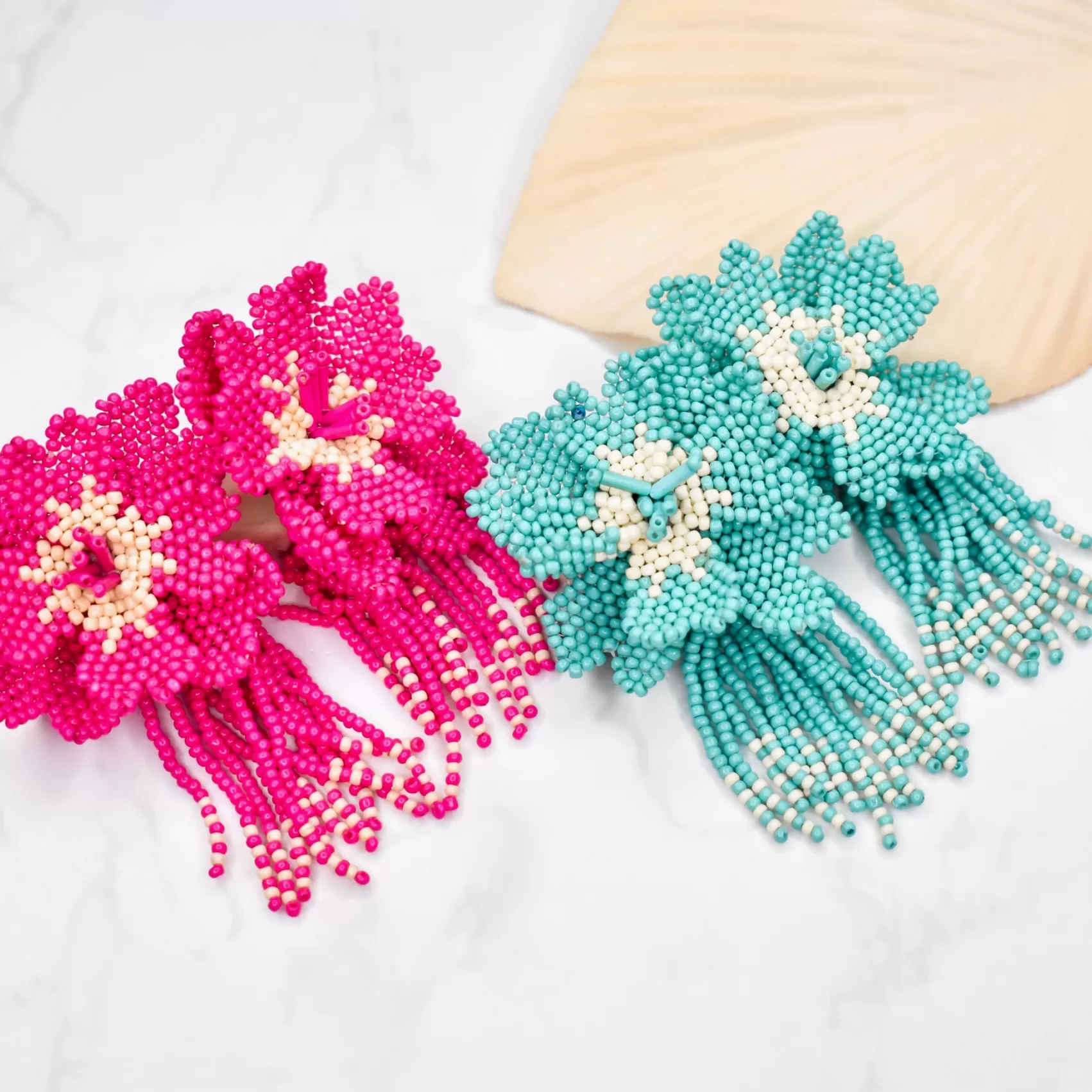 Teal Flower Fringe Earrings