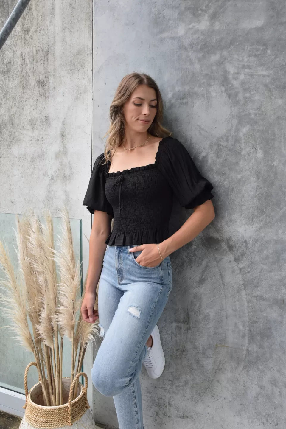 Turn It Up Black Shirred Puff Sleeve Crop Top