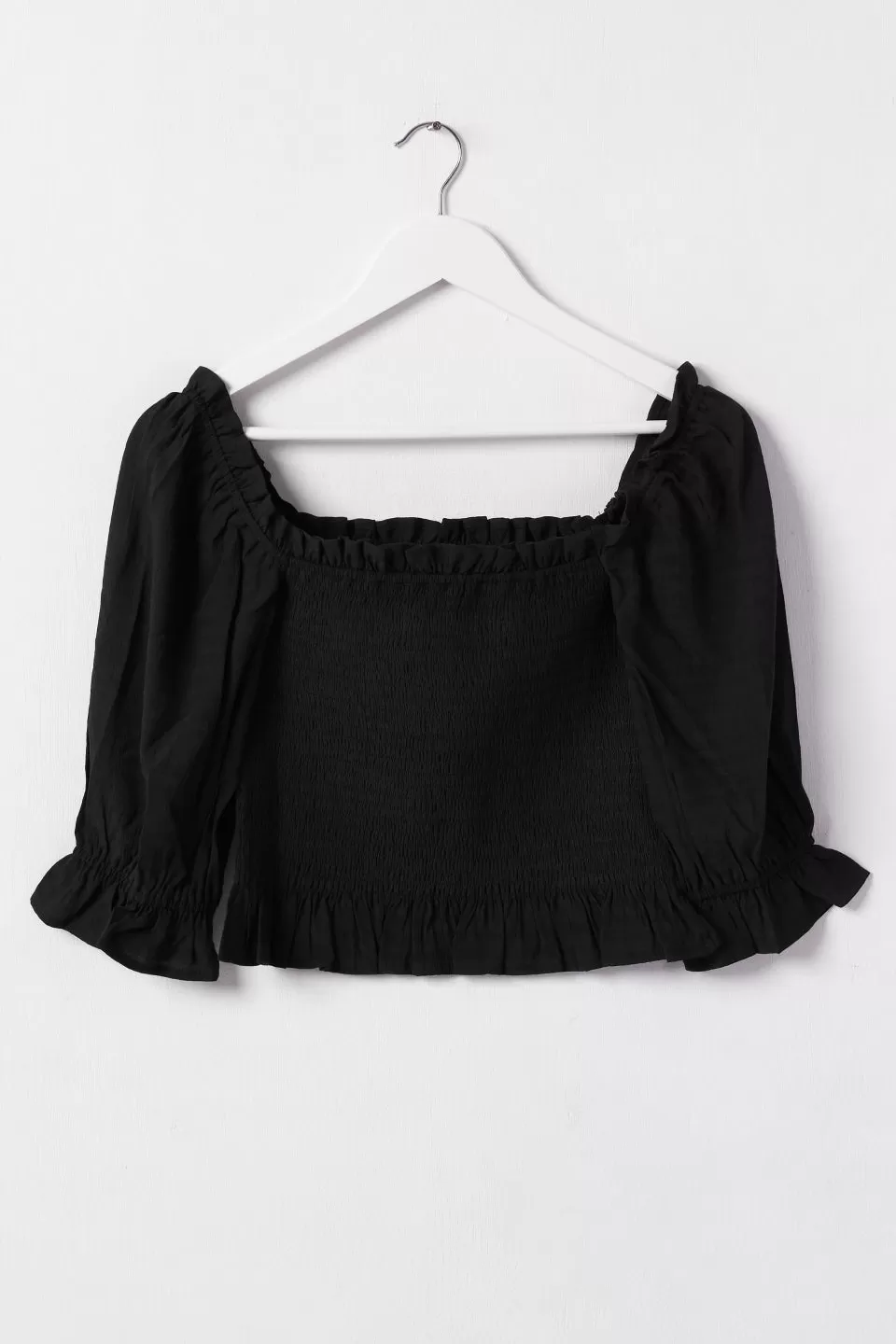 Turn It Up Black Shirred Puff Sleeve Crop Top