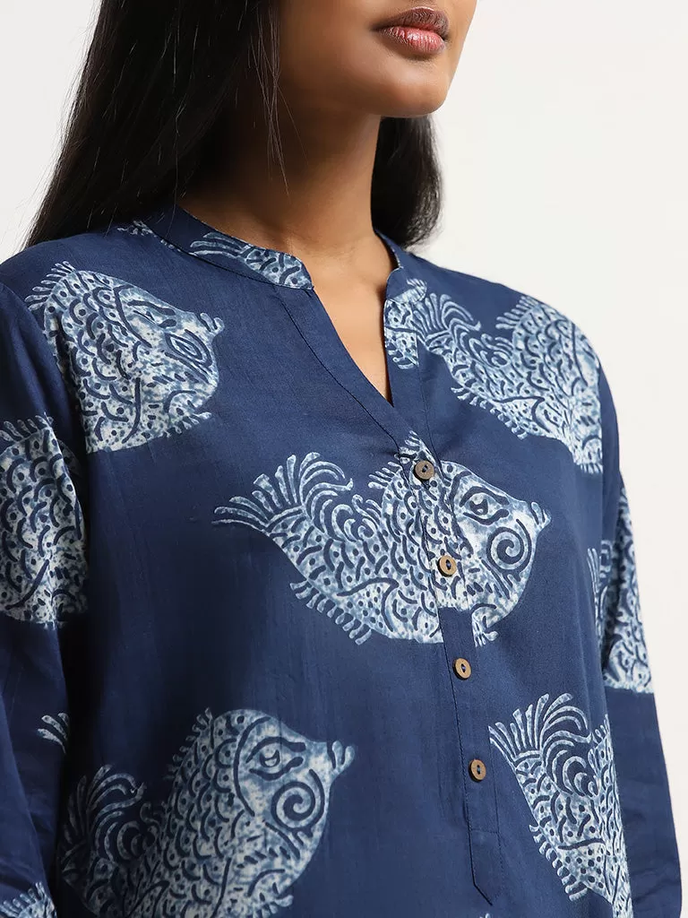 Utsa Indigo Printed Cotton A-Line Kurta