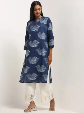 Utsa Indigo Printed Cotton A-Line Kurta