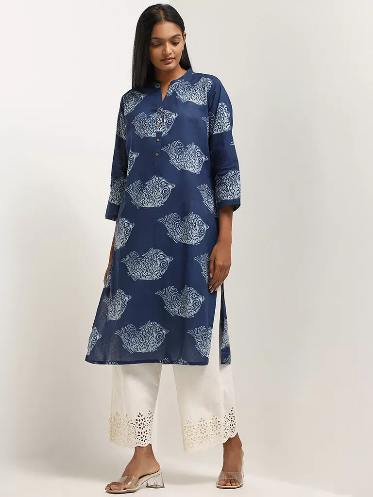 Utsa Indigo Printed Cotton A-Line Kurta