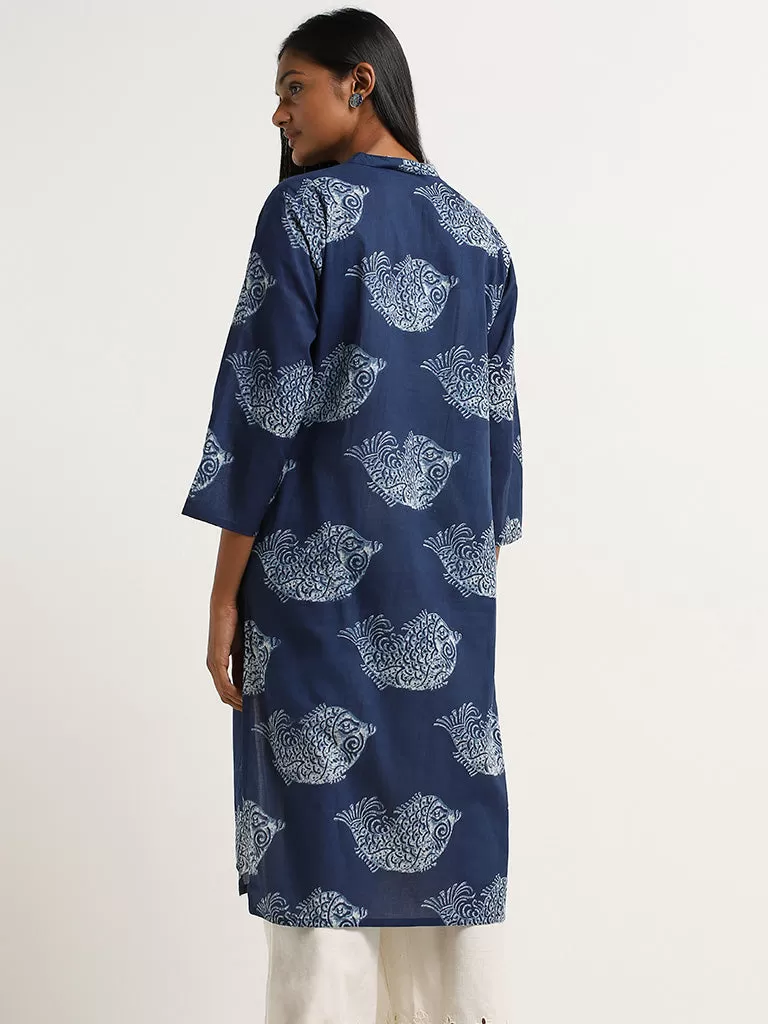 Utsa Indigo Printed Cotton A-Line Kurta