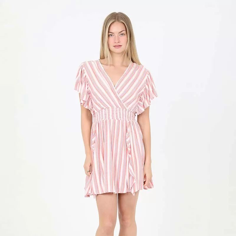 V-Neck Flutter Sleeve Watermelon Stripe Dress