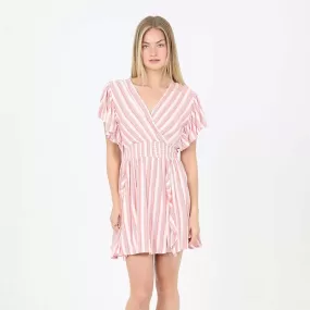 V-Neck Flutter Sleeve Watermelon Stripe Dress