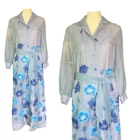 Vintage Shaheen Blue Floral Maxi Dress with a Large Butterfly Flower Print. Perfect Summer Dress!