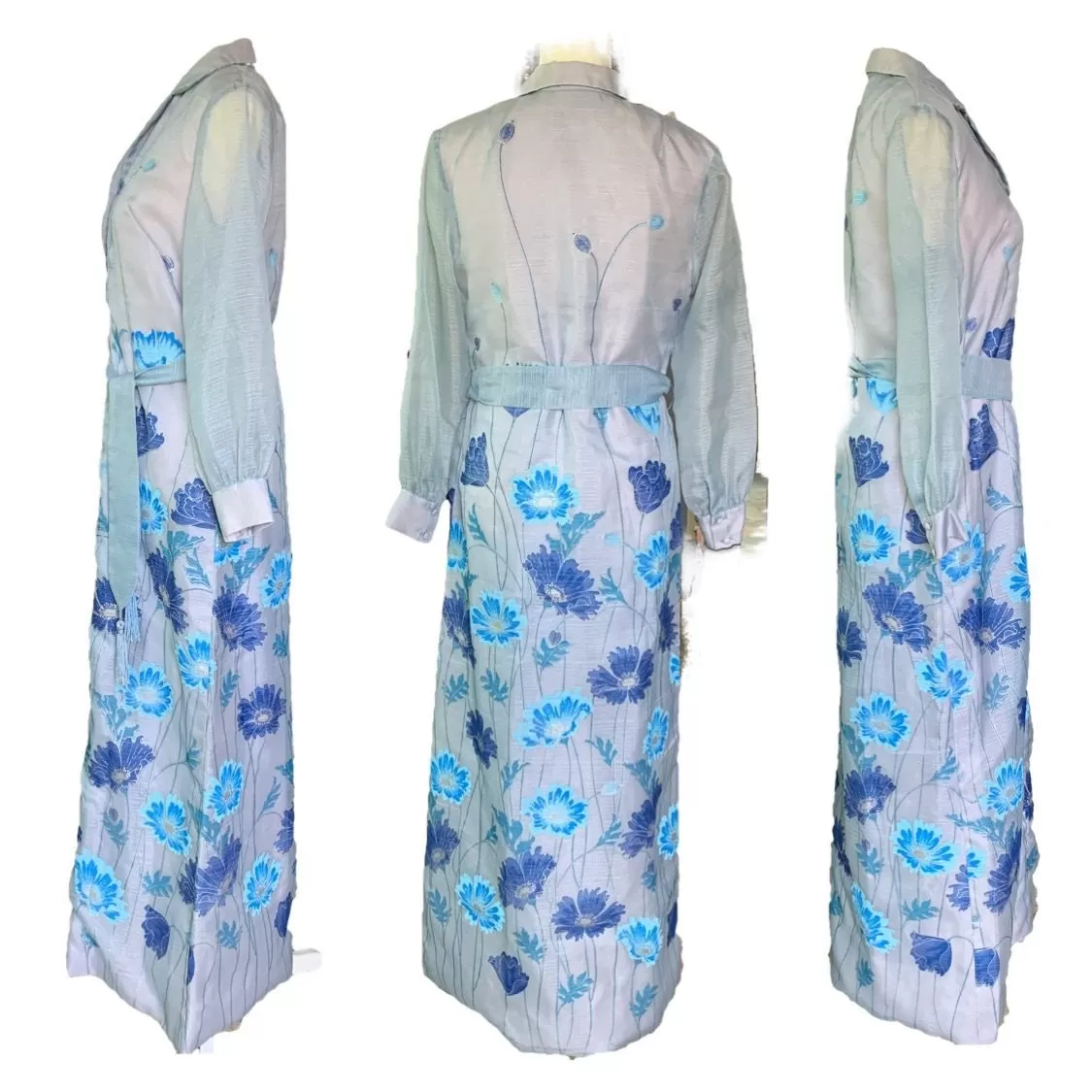 Vintage Shaheen Blue Floral Maxi Dress with a Large Butterfly Flower Print. Perfect Summer Dress!