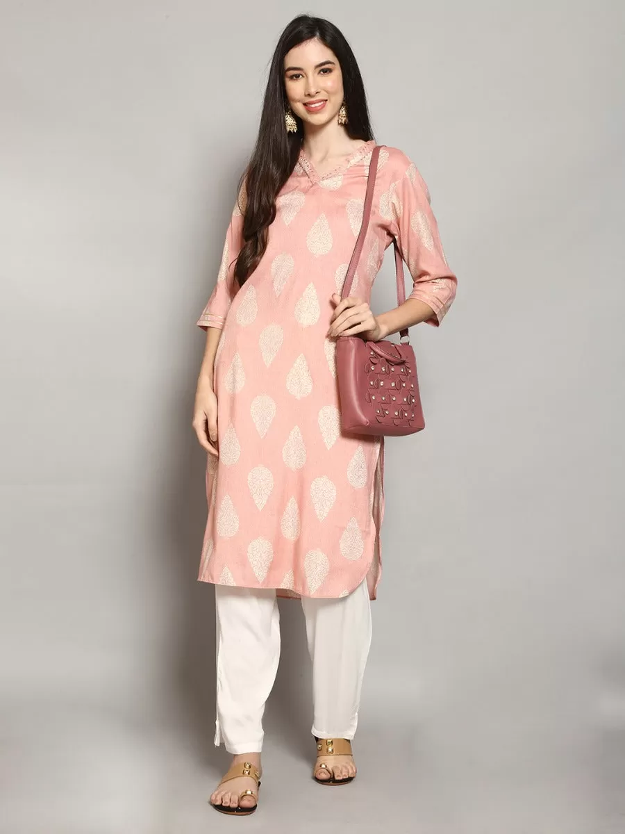 Women Baby Pink Ornamental Printed Kurta