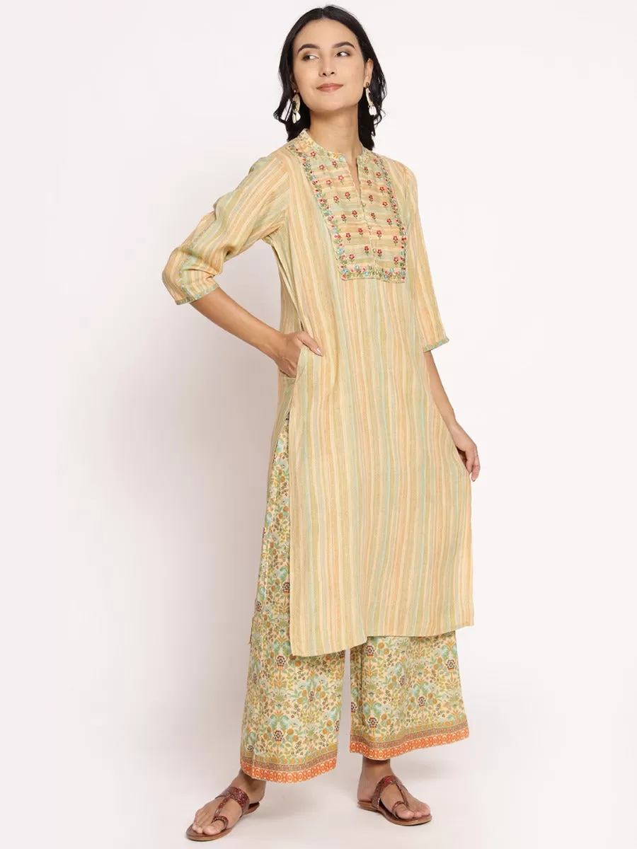 Women Beige Multi Embroidered Kurta With Palazzo