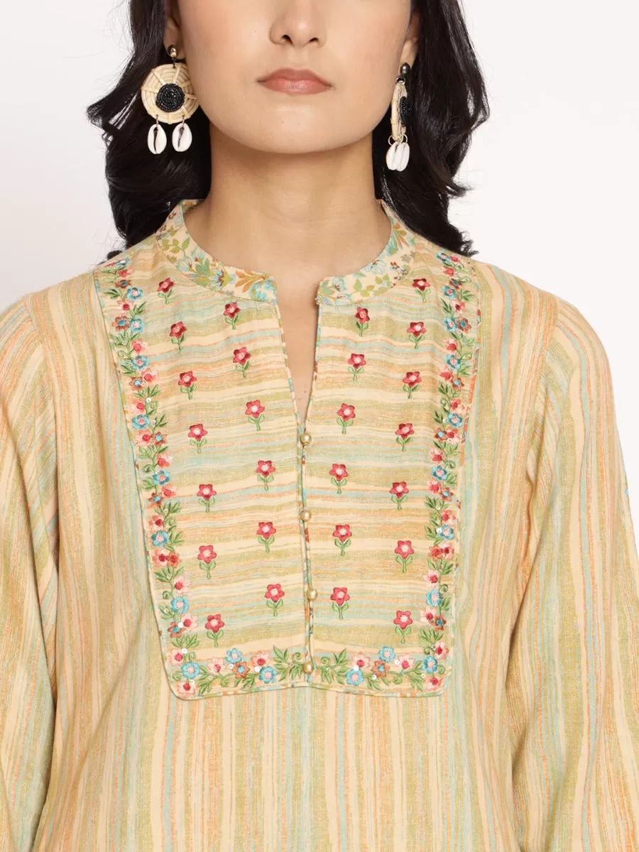 Women Beige Multi Embroidered Kurta With Palazzo