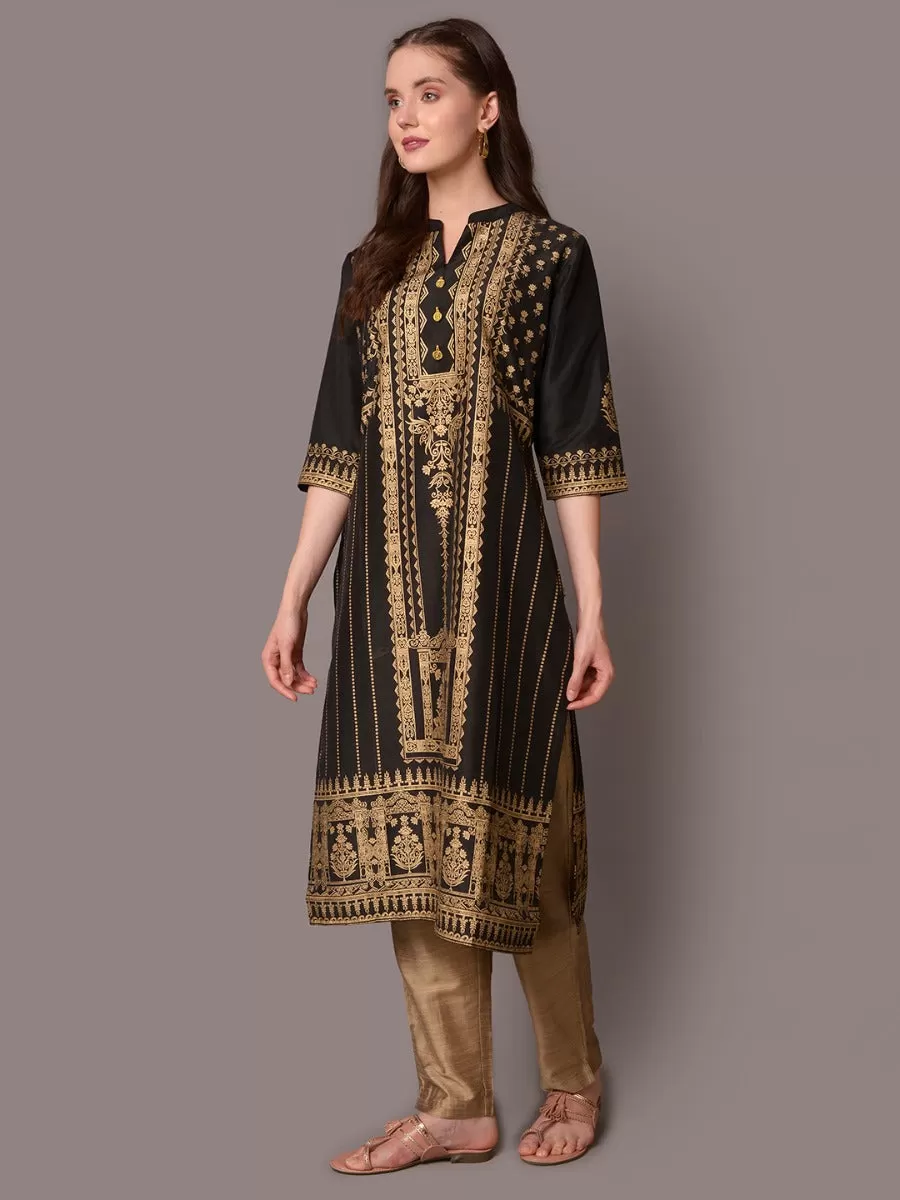 Women Black Mandarin Collar Kurta