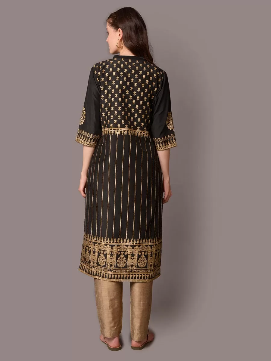 Women Black Mandarin Collar Kurta