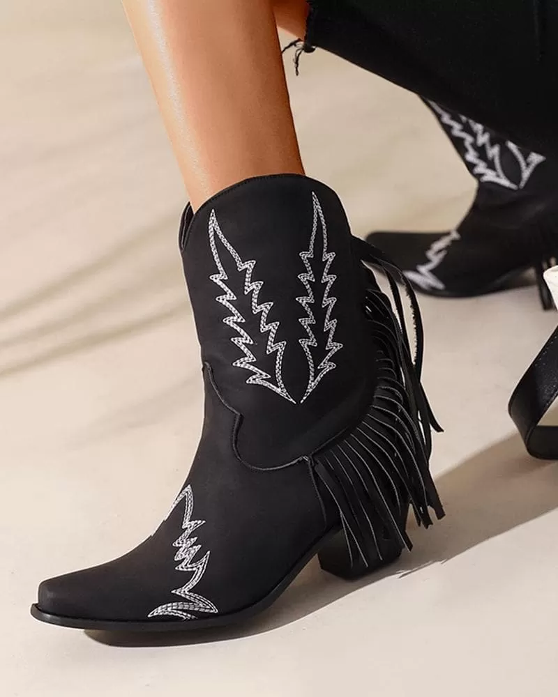 Women's Fashion Web celebrity style Floral Embroidery Tassel Ankle Boots