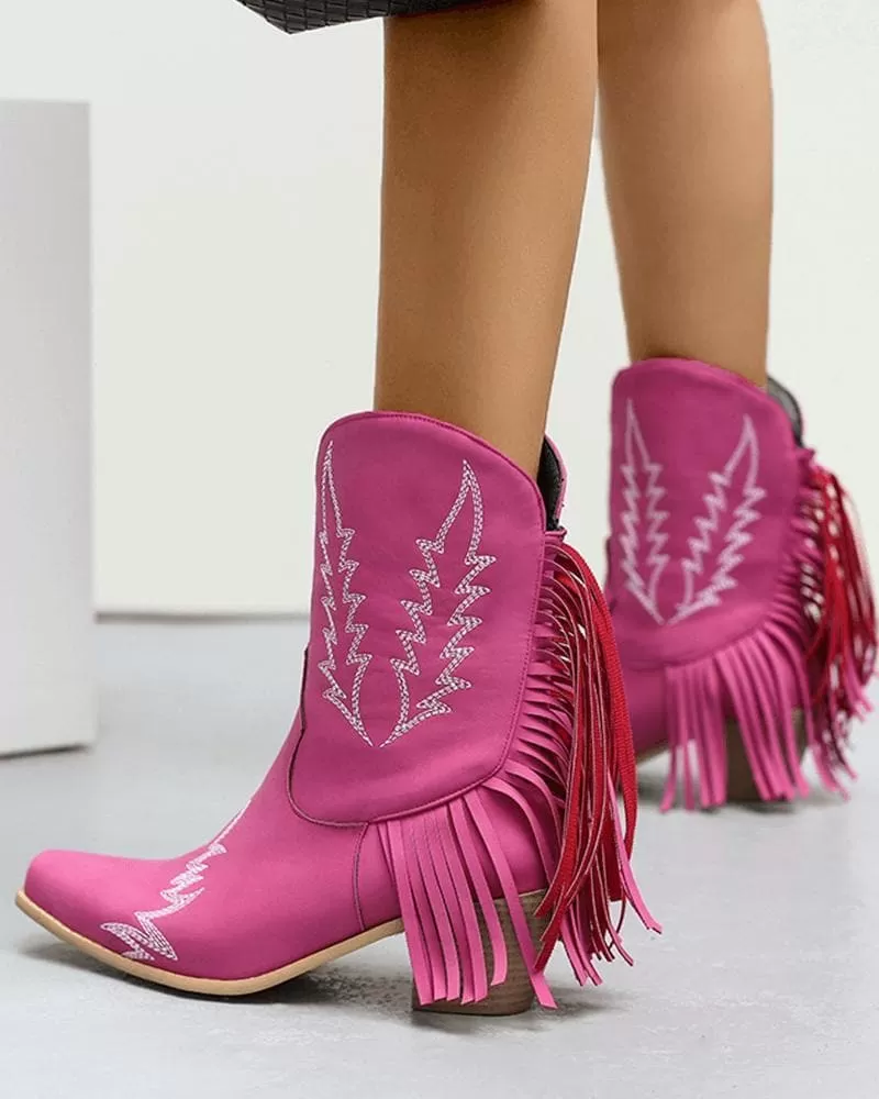 Women's Fashion Web celebrity style Floral Embroidery Tassel Ankle Boots