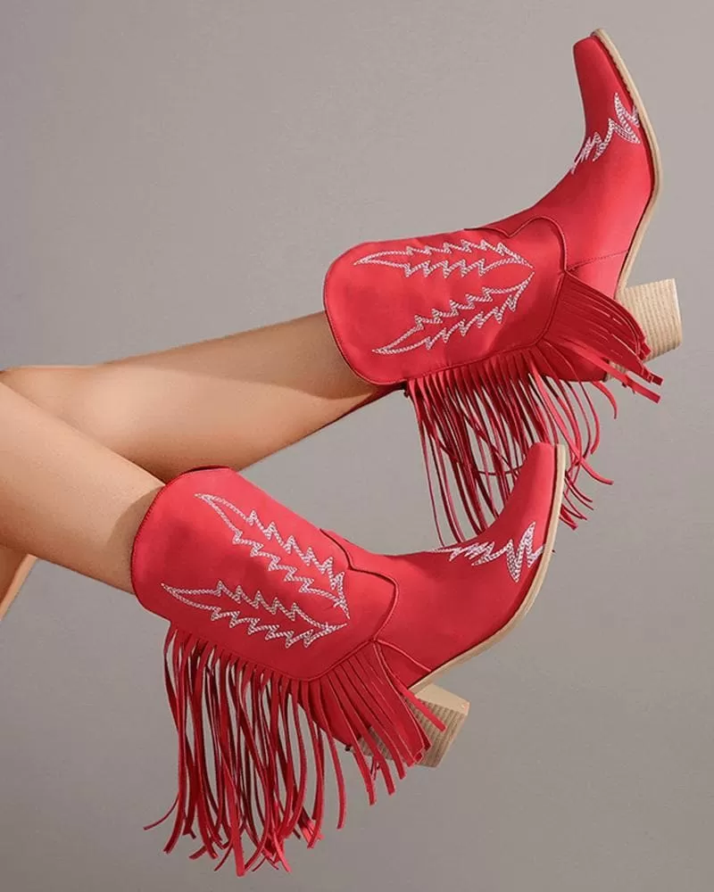 Women's Fashion Web celebrity style Floral Embroidery Tassel Ankle Boots