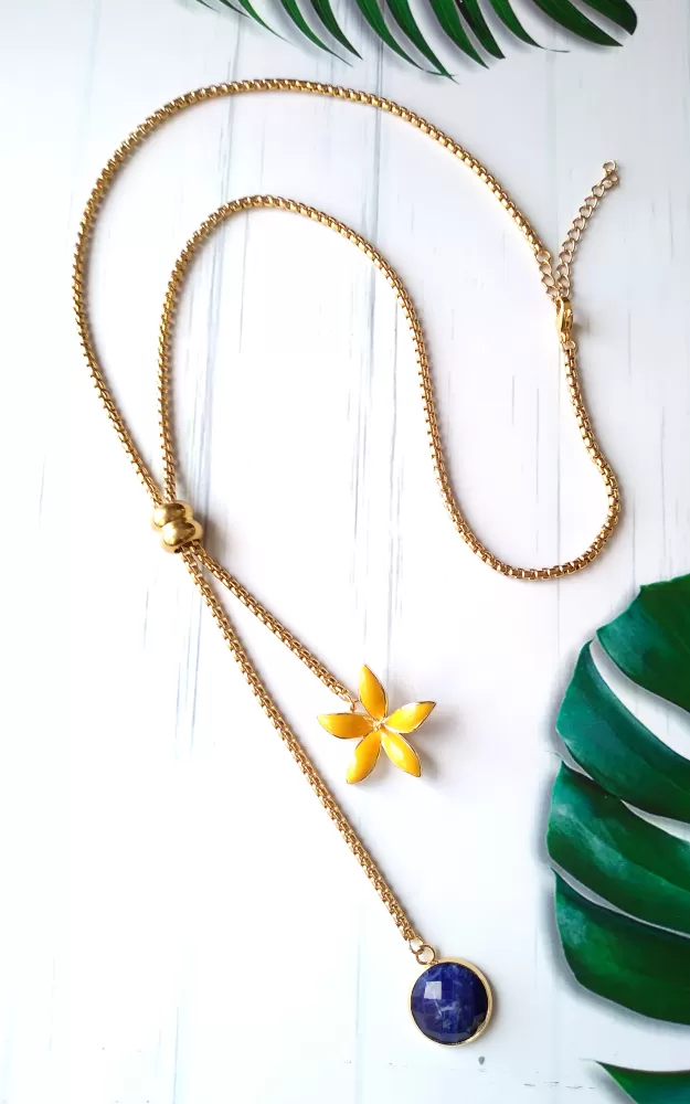 Yellow Enamel Flower with Lapis Lazuli Slider Necklace